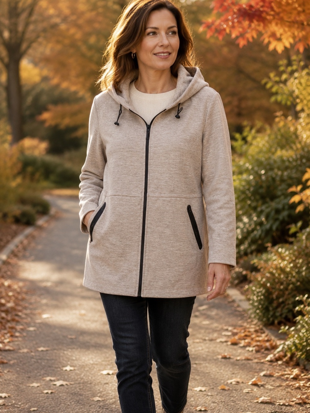 Everyday Zip-Front Hoodie Sweater in Light Tan